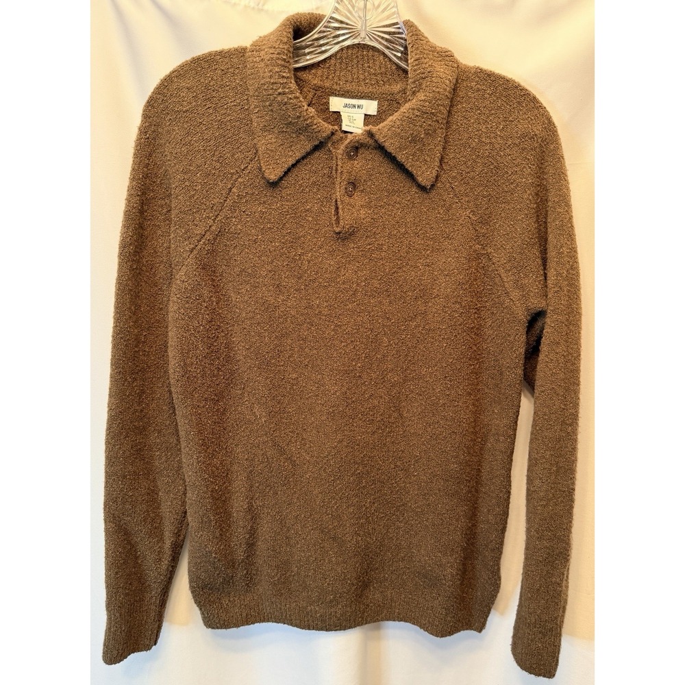 Jason Wu Textured Knit Button Collar Sweater Size Small Brown Cotton Stretch